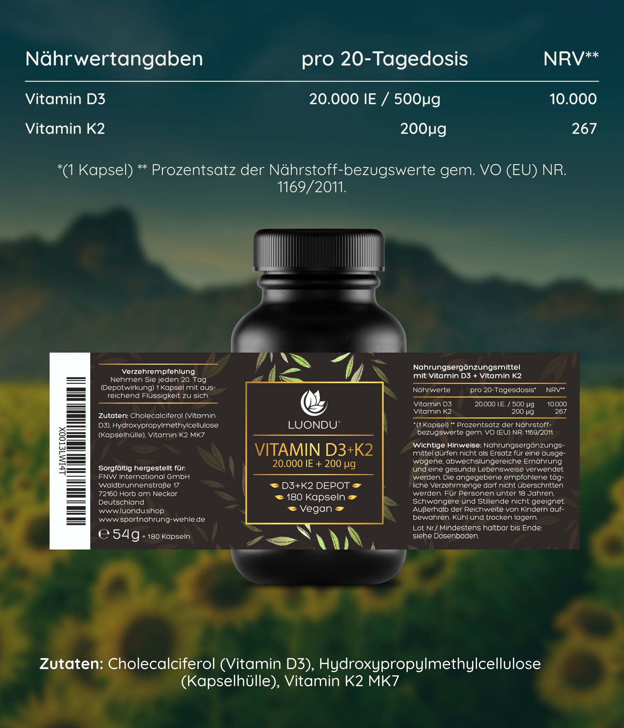 Luondu Vitamin D3 20.000 I.E + K2 MK7 200 mcg Depot Hochdosiert - 180 Vegane Kapseln