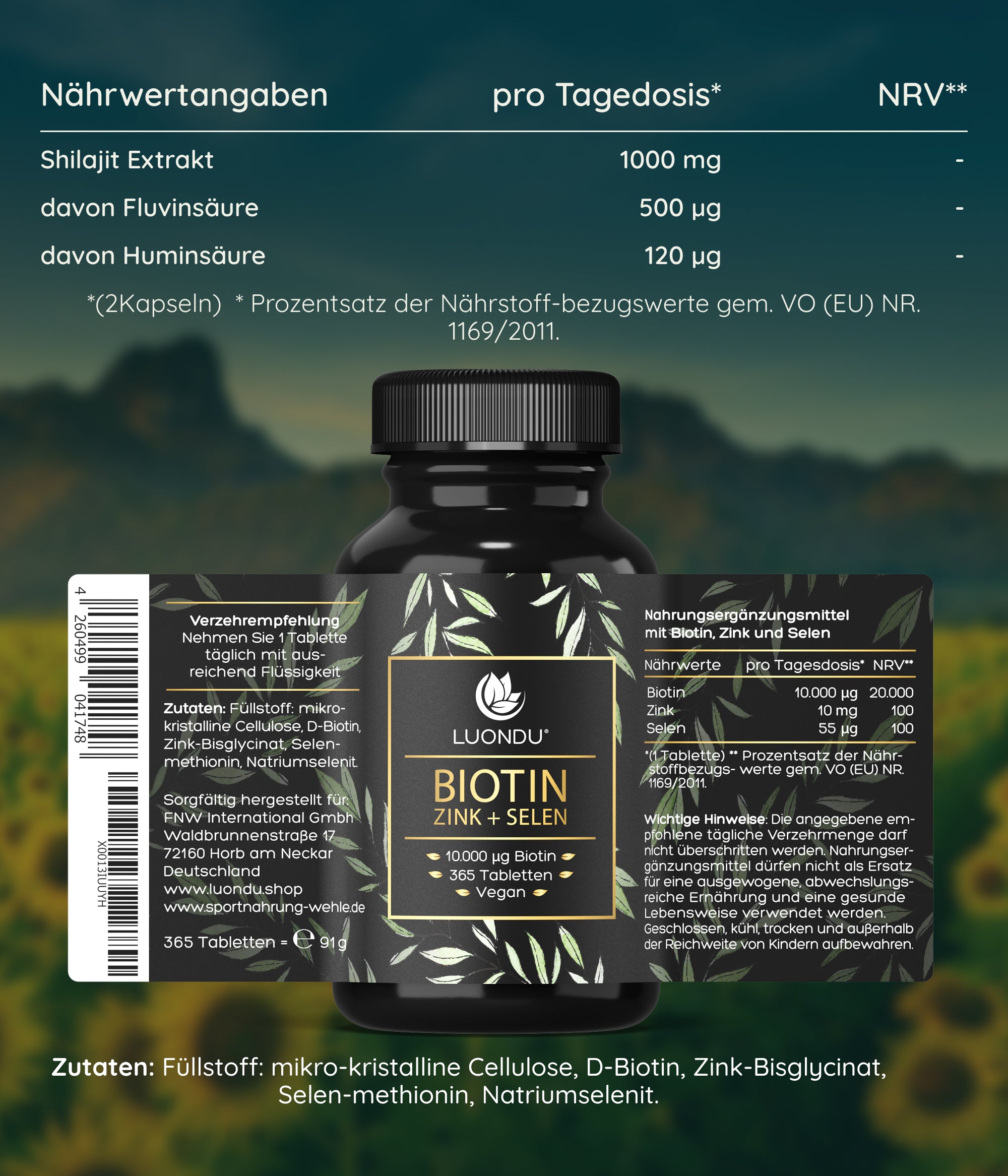 Luondu Biotin hochdosiert 10.000 mcg + Selen + Zink - 365 Tabletten