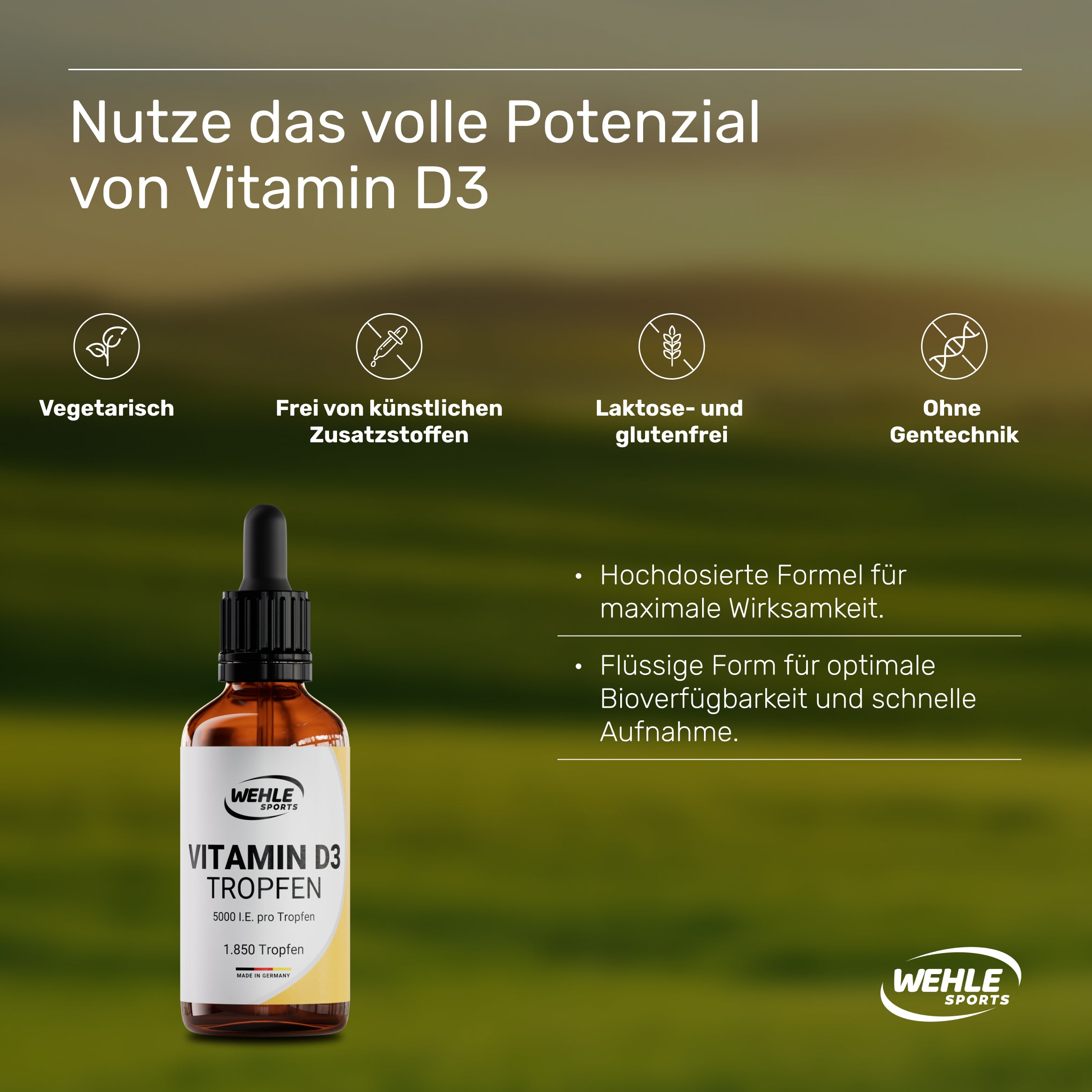 Wehle Sports Vitamin D3 5000 IE pro Tropfen hochdosiert - 50ml (1850 Tropfen)