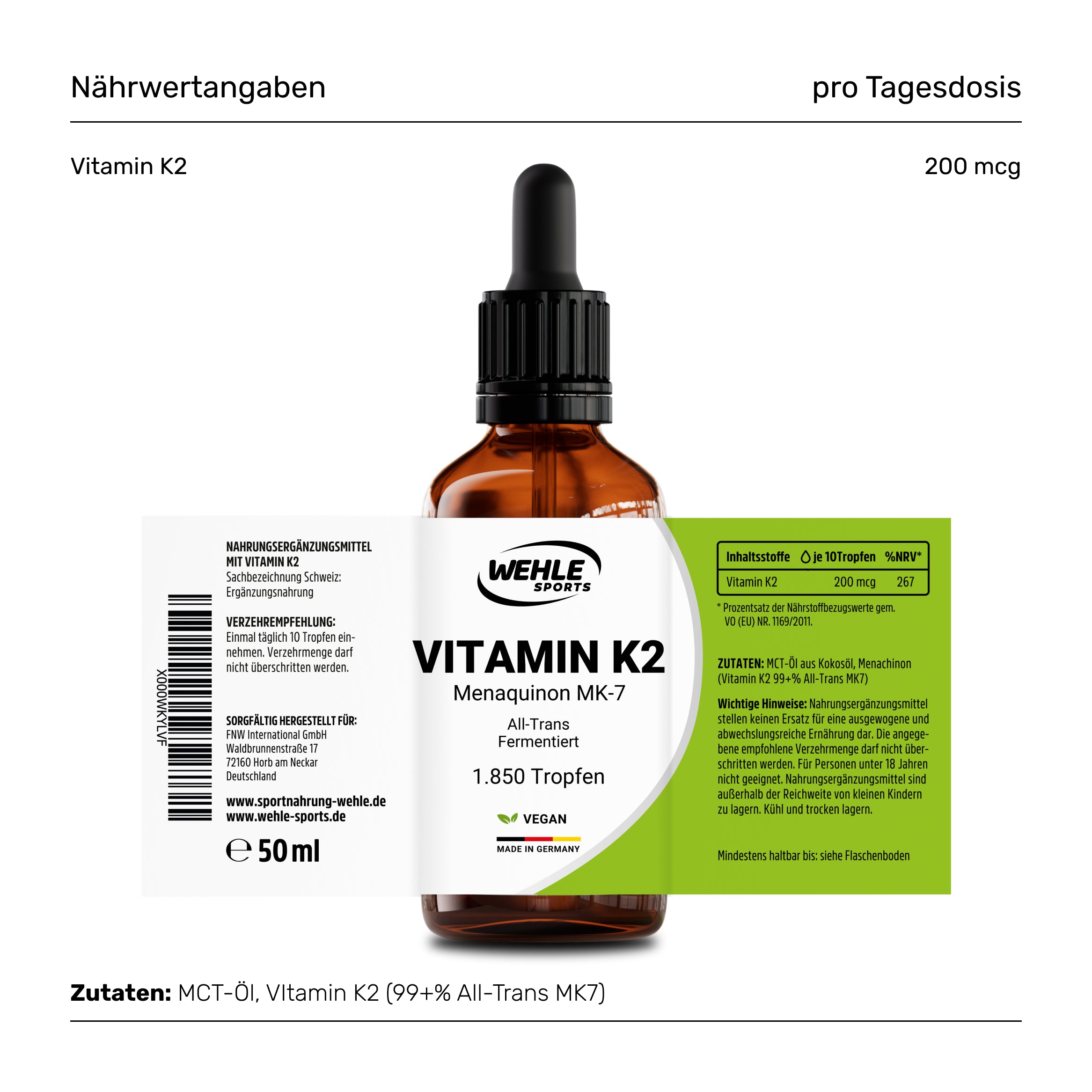 Wehle Sports Vitamin K2 MK7 Tropfen - 50ml  1850 Tropfen