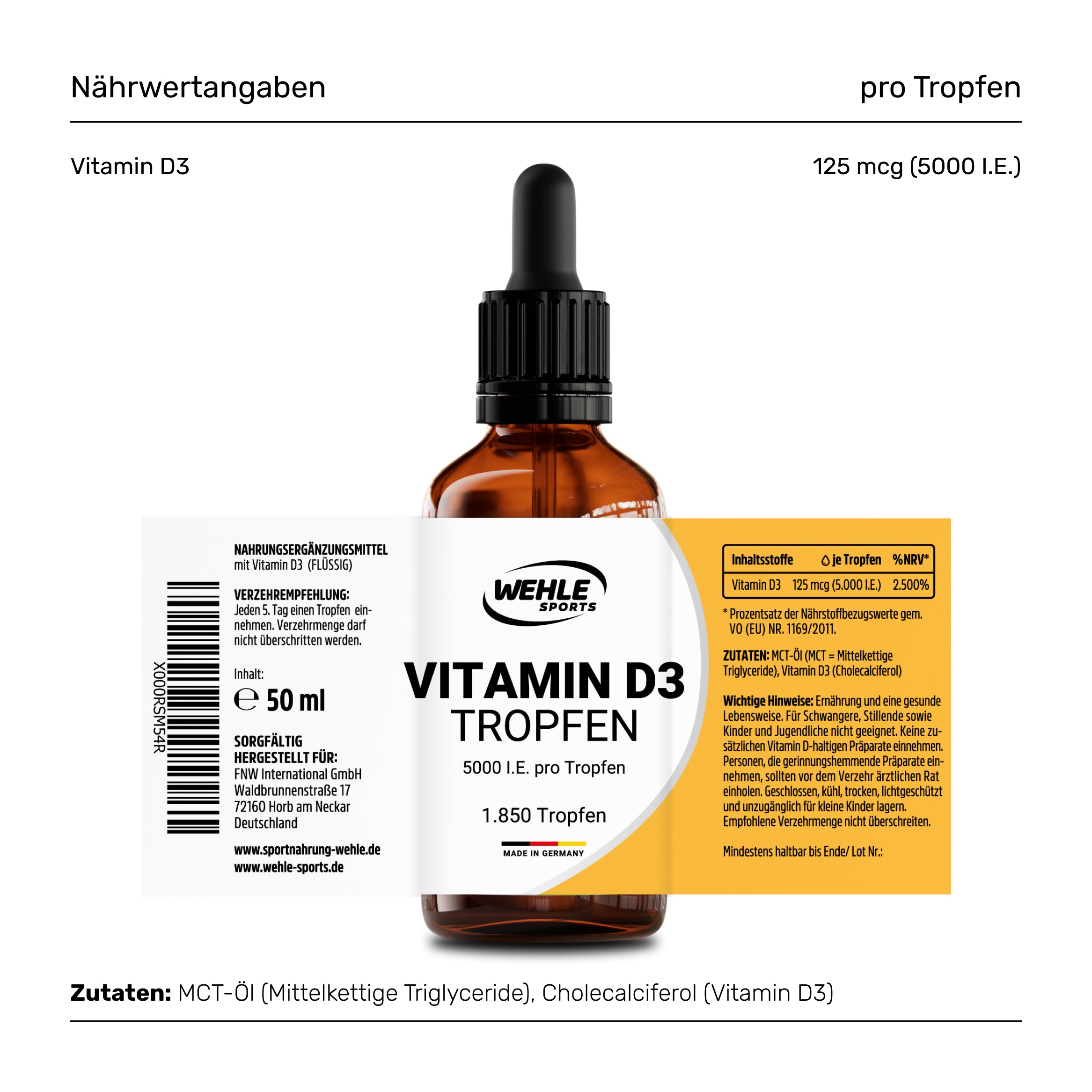 Wehle Sports Vitamin D3 5000 IE pro Tropfen hochdosiert - 50ml (1850 Tropfen)