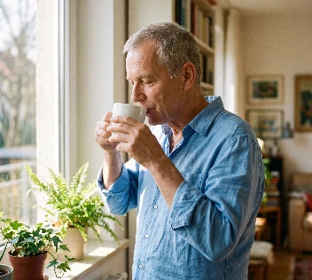 Ein Mann trinkt seinen Morgenkaffee am Fenster