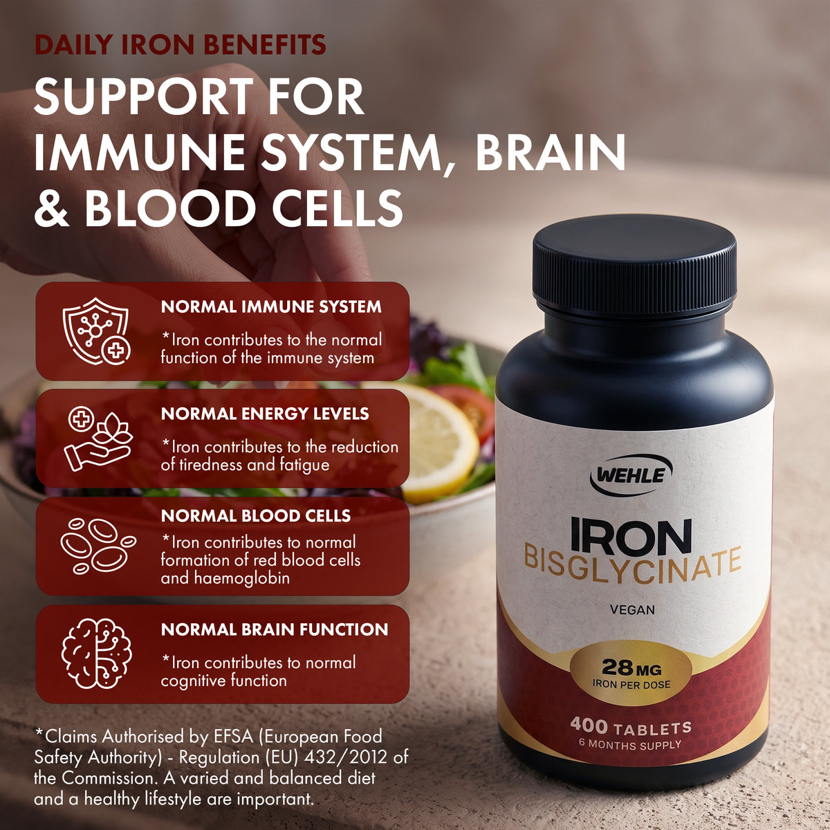 Iron Tablets as Bisglycinate 28mg, 400 Vegan Tablets, 6 Month Supply - Gentle Iron Supplements for Women and Men I Ferrous Bisglycinate