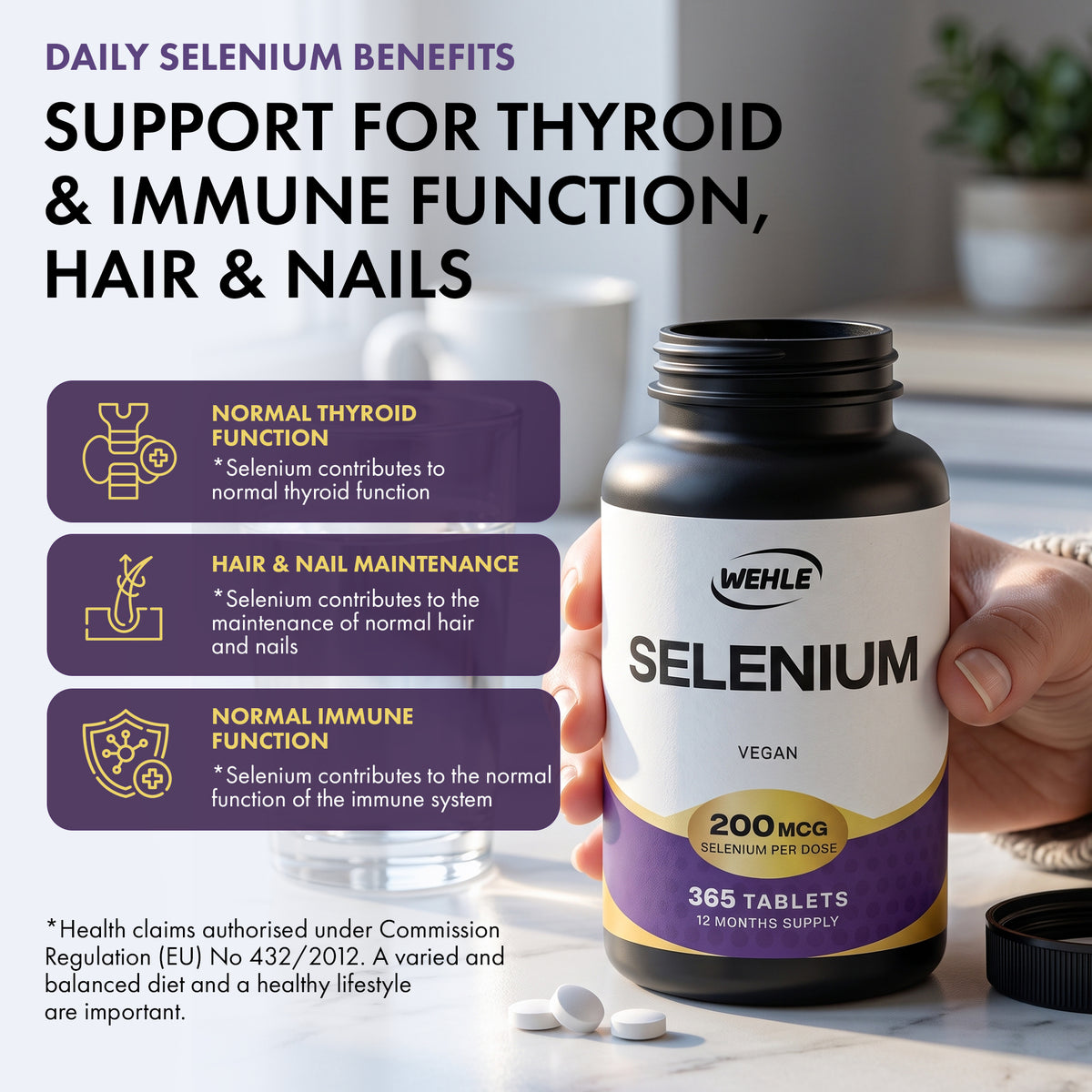 Selenium Supplements 200mcg, 365 Vegan Tablets, 12 Month Supply - Selenium as L-Selenomethionine - Supports Normal Thyroid & Immune Function and Maintenance of Normal Hair & Nails