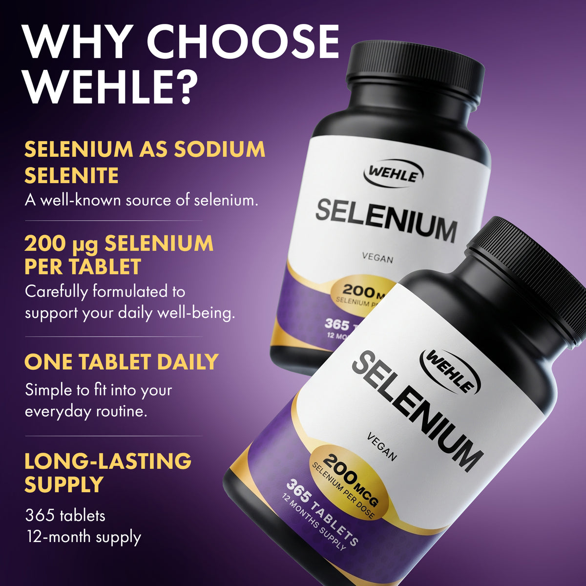 Selenium Supplements 200mcg, 365 Vegan Tablets, 12 Month Supply - Selenium as L-Selenomethionine - Supports Normal Thyroid & Immune Function and Maintenance of Normal Hair & Nails