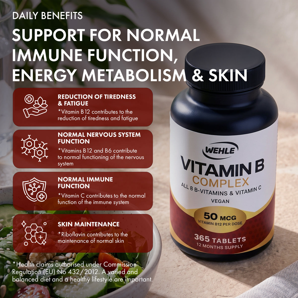 Vitamin B Complex High Strength, 365 Vegan Tablets, 12 Months Supply - All 8 B Vitamins + Vitamin C | Vitamin B1-B2-B3-B5-B6-B12, Biotin, Folic Acid & Vit C