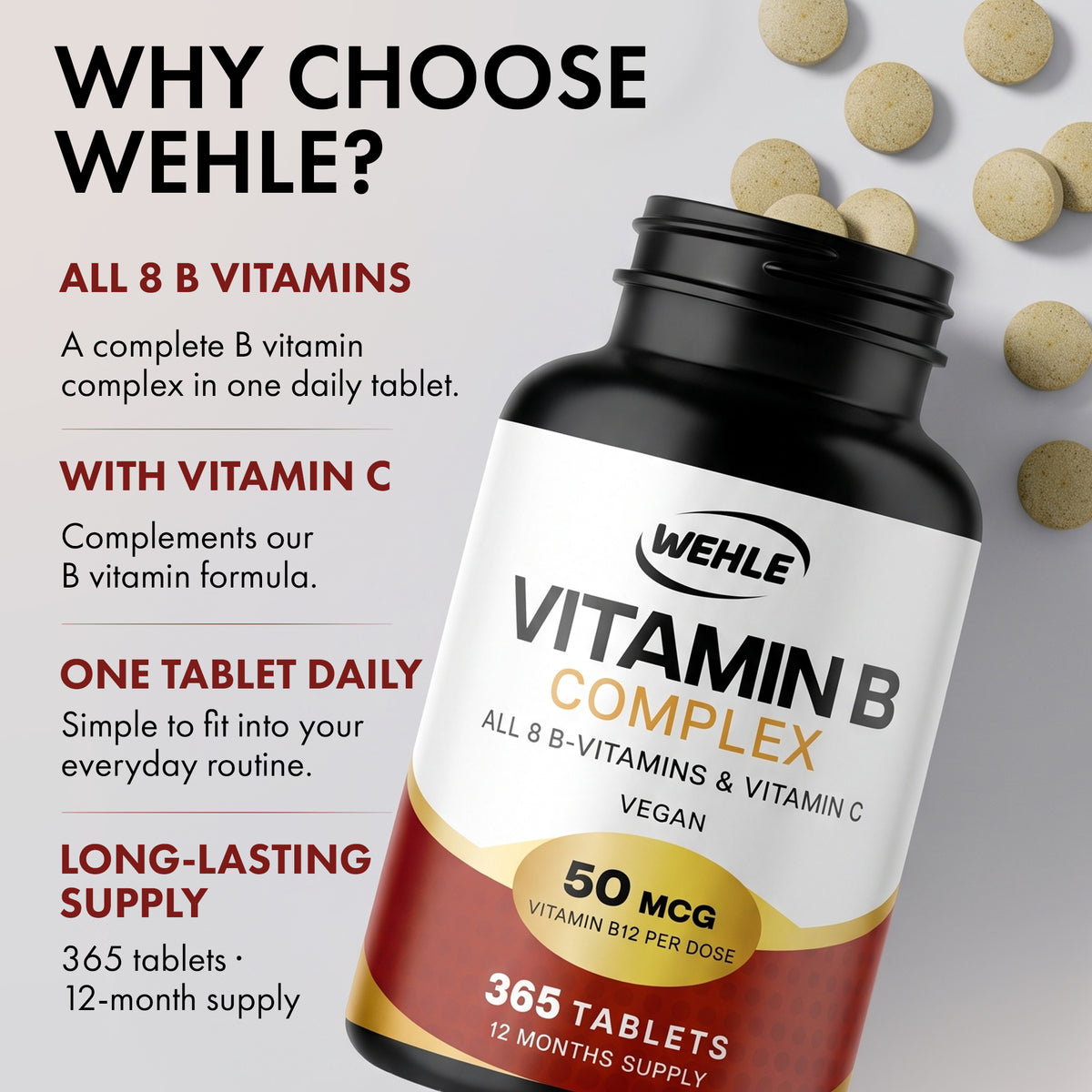 Vitamin B Complex High Strength, 365 Vegan Tablets, 12 Months Supply - All 8 B Vitamins + Vitamin C | Vitamin B1-B2-B3-B5-B6-B12, Biotin, Folic Acid & Vit C