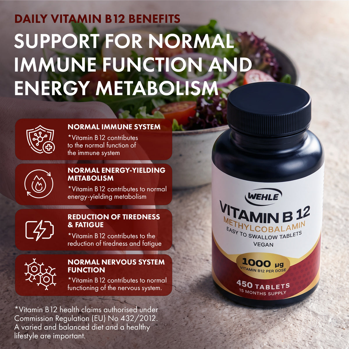 Vitamin B12 Tablets High Strength 1000mcg Methylcobalamin Supplement - 450 Vegan Tablets, 15 Months Supply, B12 Supplement