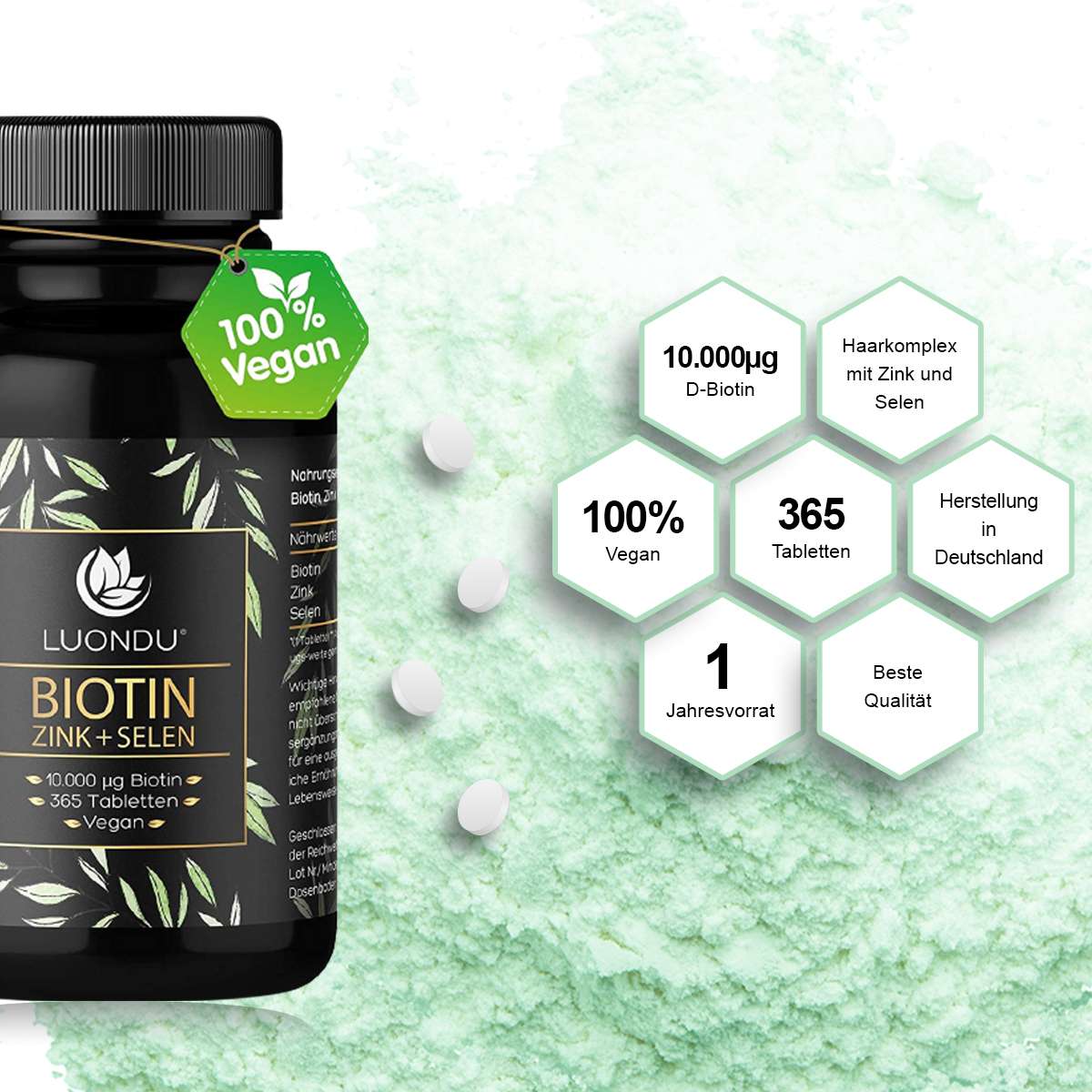 Luondu Biotin hochdosiert 10.000 mcg + Selen + Zink für Haarwuchs, Haut & Nägel - 365 vegane Tabletten