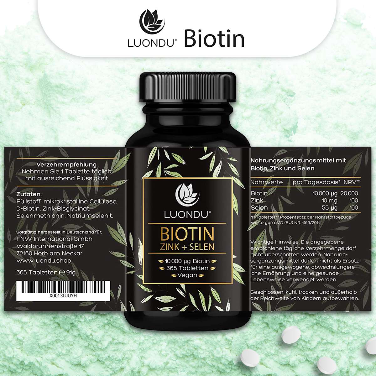 Luondu Biotin hochdosiert 10.000 mcg + Selen + Zink für Haarwuchs, Haut & Nägel - 365 vegane Tabletten