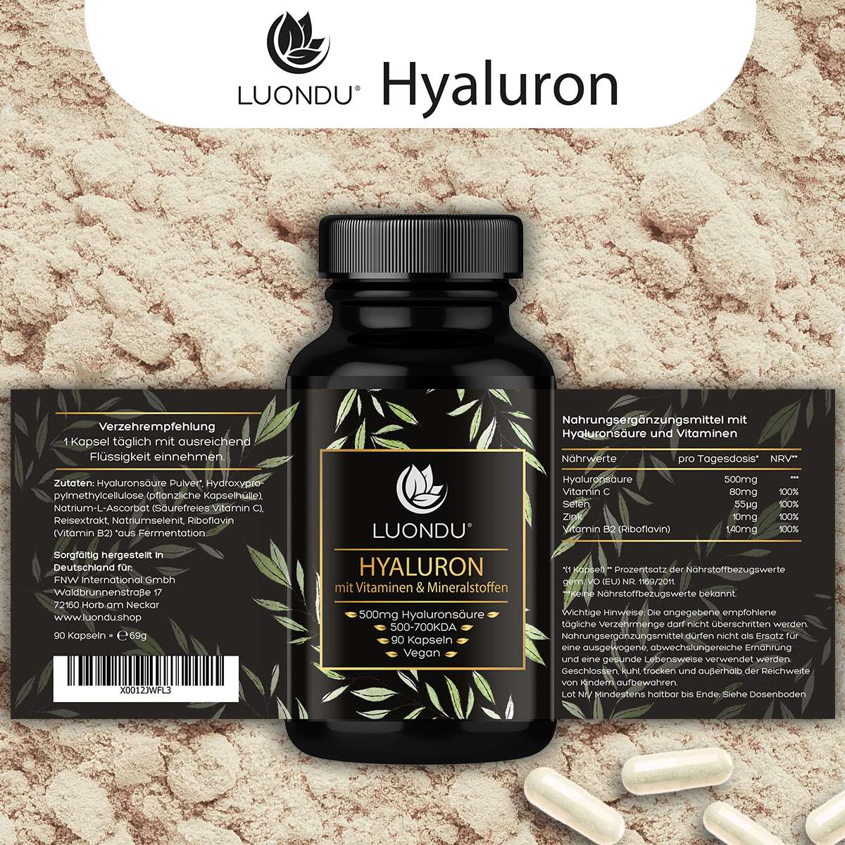 Luondu Hyaluronsäure 500mg Hyaluron mit Vitaminen & Mineralstoffen - 90 Kapseln