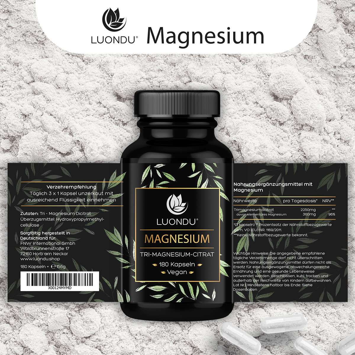 Luondu Magnesiumcitrat 750mg pro Kapsel 125mg elementares Magnesium