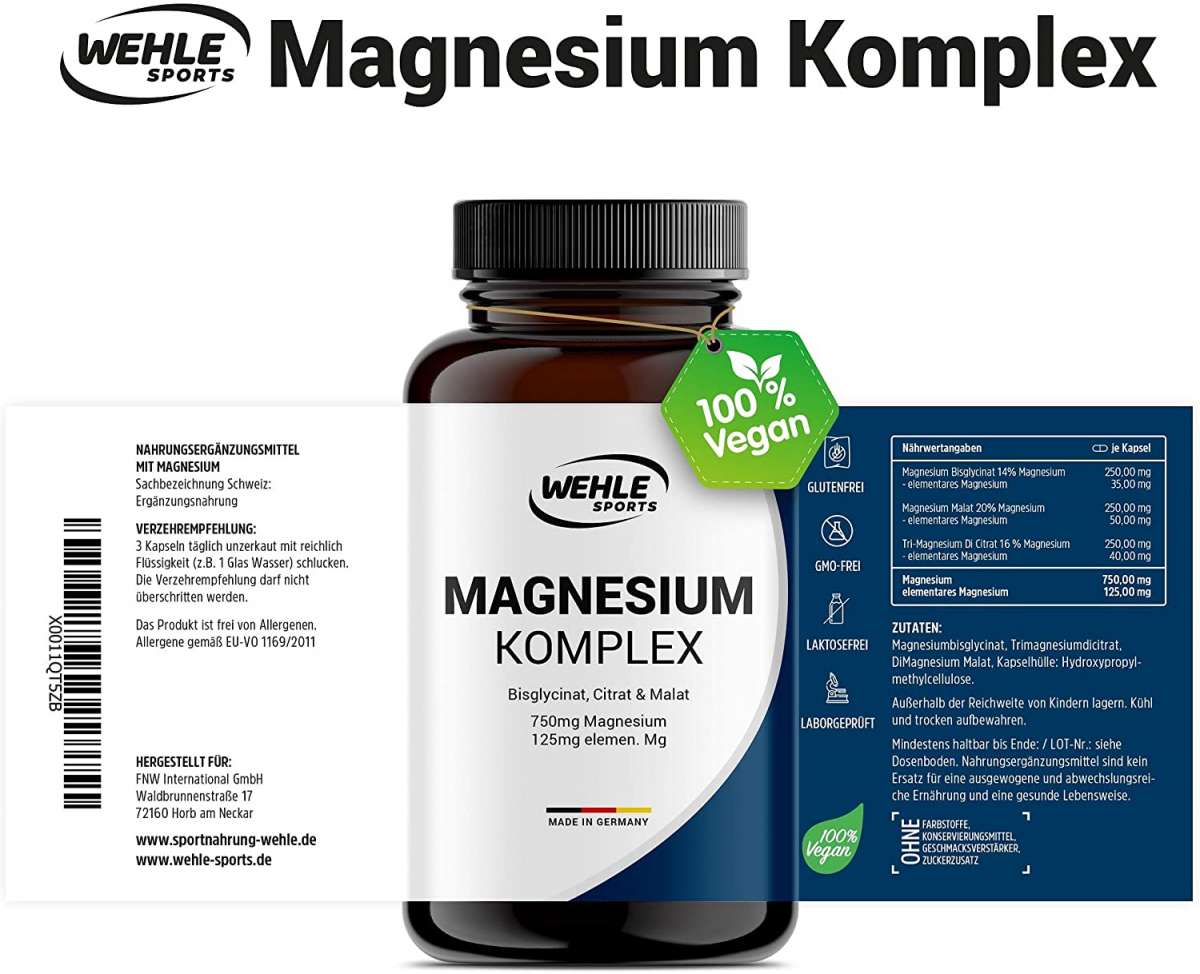 Magnesium Komplex hochdosiert mit Bisglycinat, Malat, Citrat