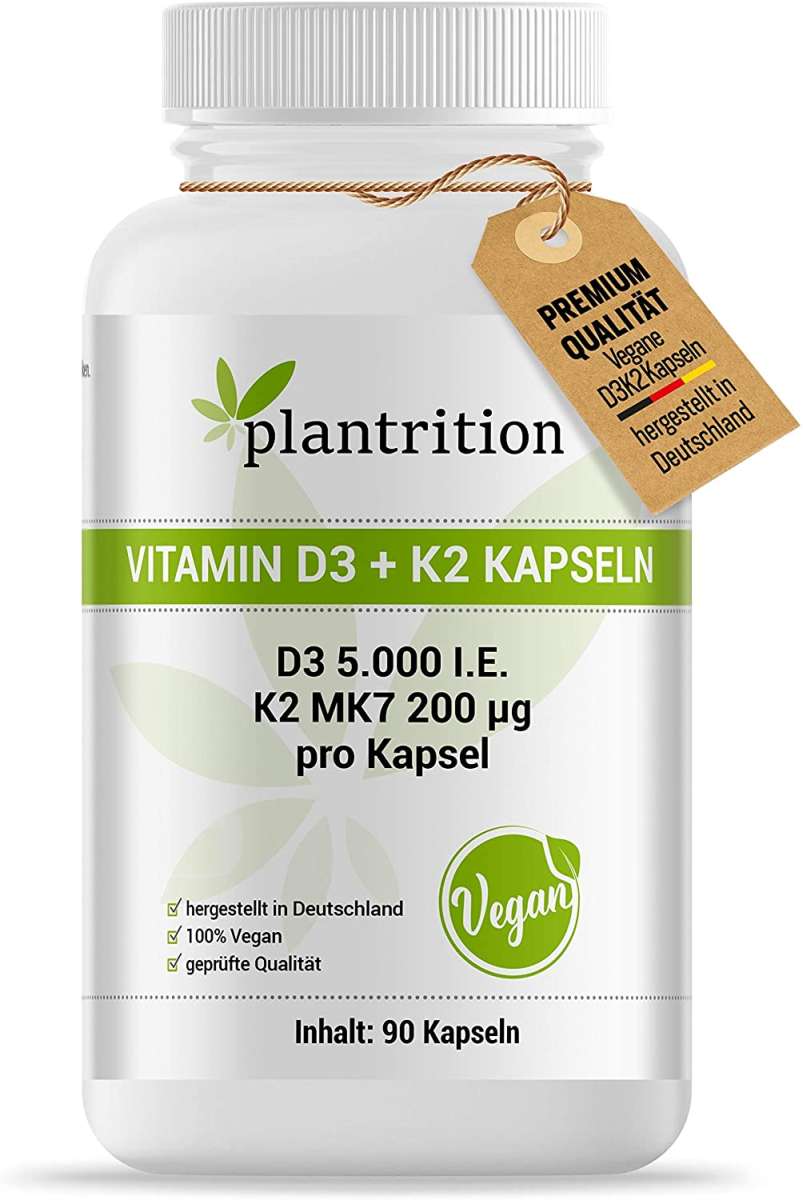 plantrition Vitamin D3 K2 Kapseln Vegan 5000 IE + 200mcg Vitamin K2 MK7 - 90 Kapseln