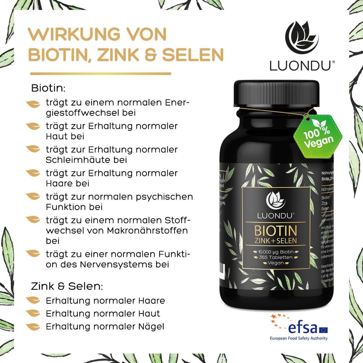 Luondu Biotin hochdosiert 10.000 mcg + Selen + Zink - 365 Tabletten