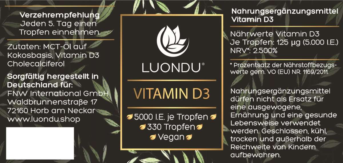 Luondu Vitamin D3 5000 I.E. Vegan aus Flechten - 330 Tropfen