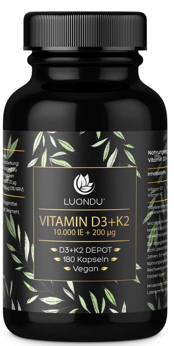 Luondu Vitamin D3 10.000 I.E + K2 MK7 200 mcg Depot Hochdosiert - 180 Vegane Kapseln