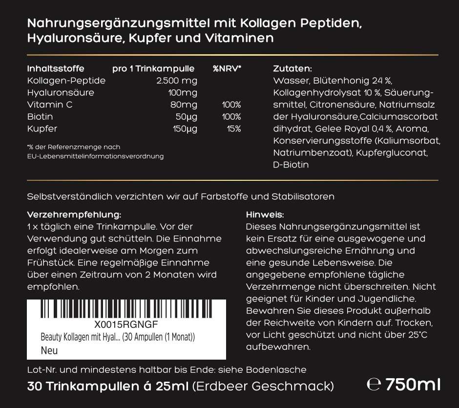 Luondu Beauty Kollagen - 30 Trinkampullen Kollagen-Pepide, Hyaluron, Biotin+Kupfer