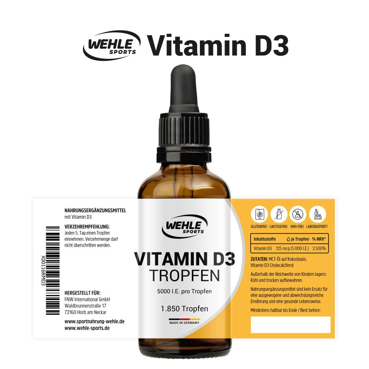 Wehle Sports Vitamin D3 5000 IE pro Tropfen hochdosiert - 50ml (1850 Tropfen)