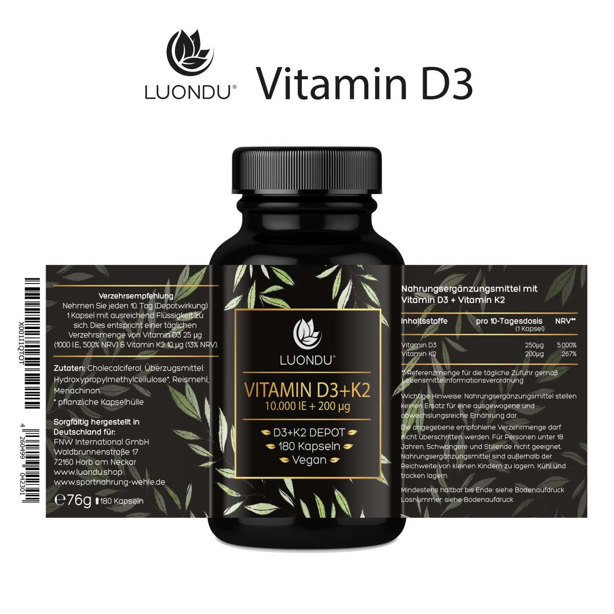 Luondu Vitamin D3 10.000 I.E + K2 MK7 200 mcg Depot Hochdosiert - 180 Vegane Kapseln