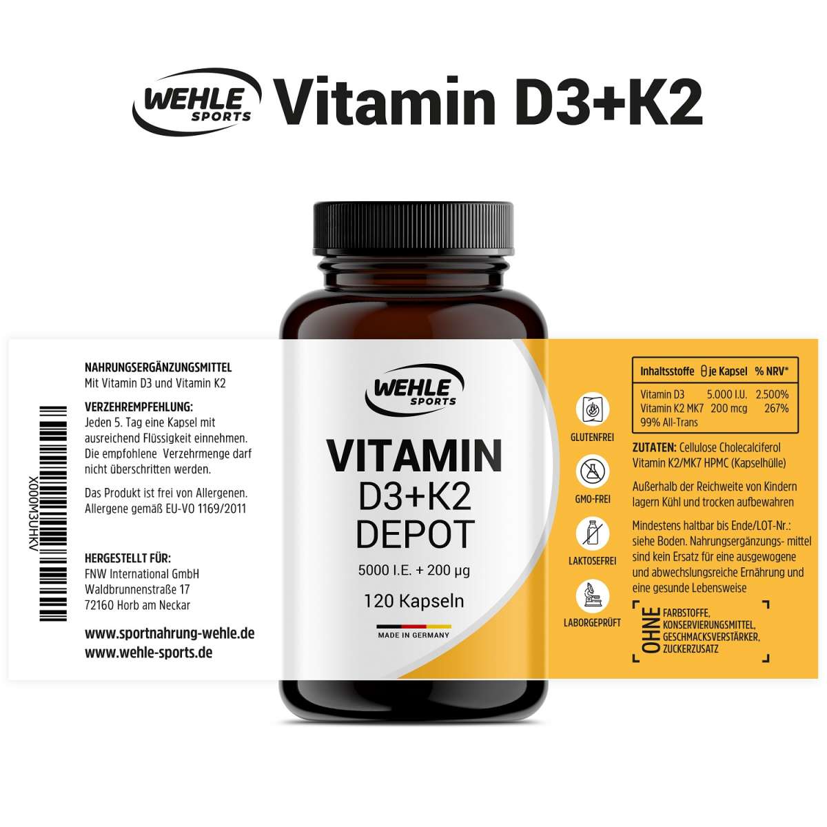 Wehle Sports Vitamin D3 5000 I.E + Vitamin K2 200mcg