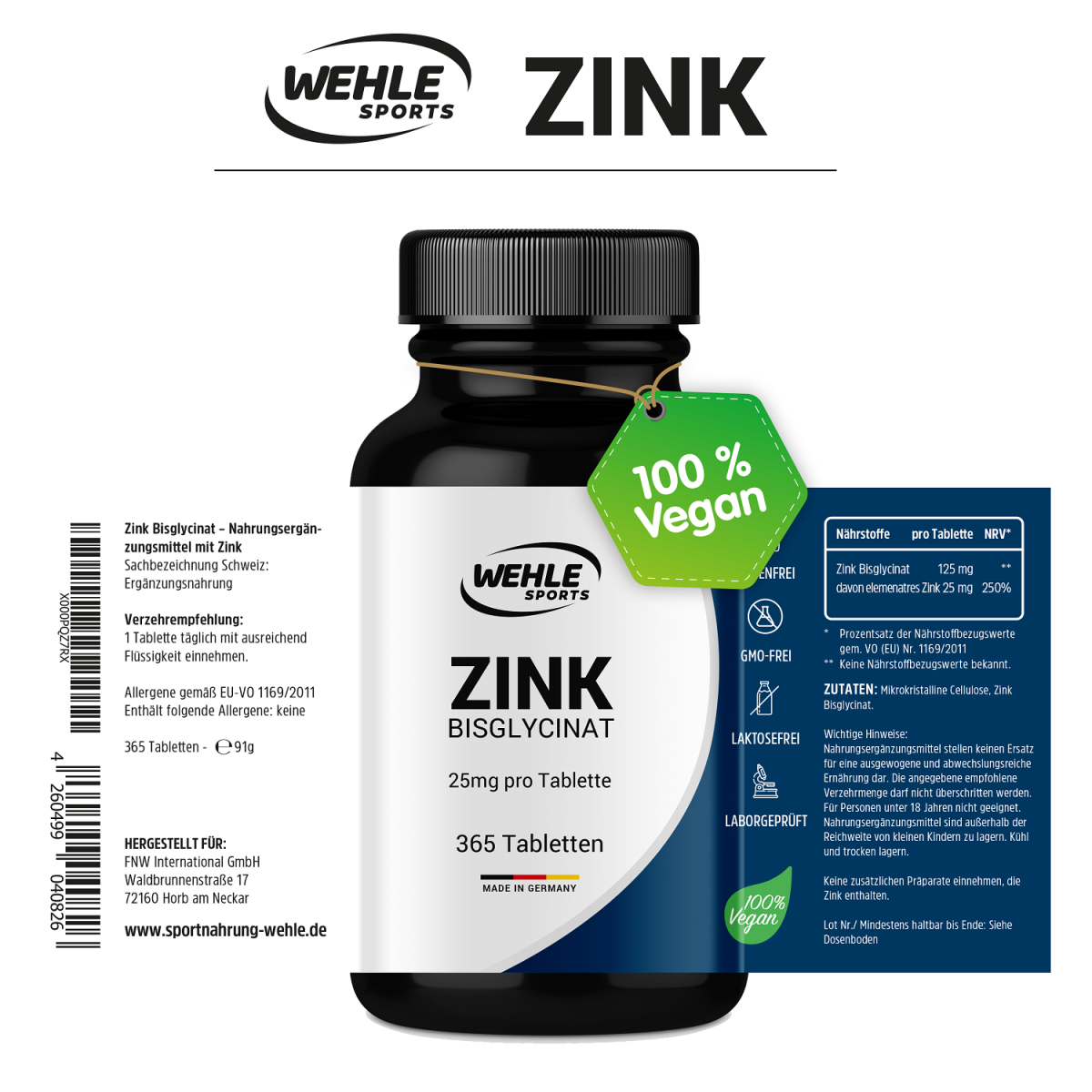 Wehle Sports Zink Tabletten Zink-Bisglycinat (Zink Chelat) - 365 Stück
