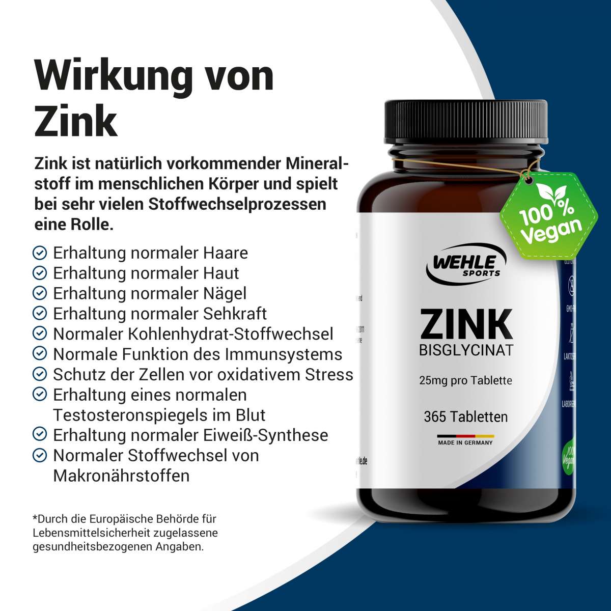 Wehle Sports Zink Tabletten Zink-Bisglycinat (Zink Chelat) - 365 Stück
