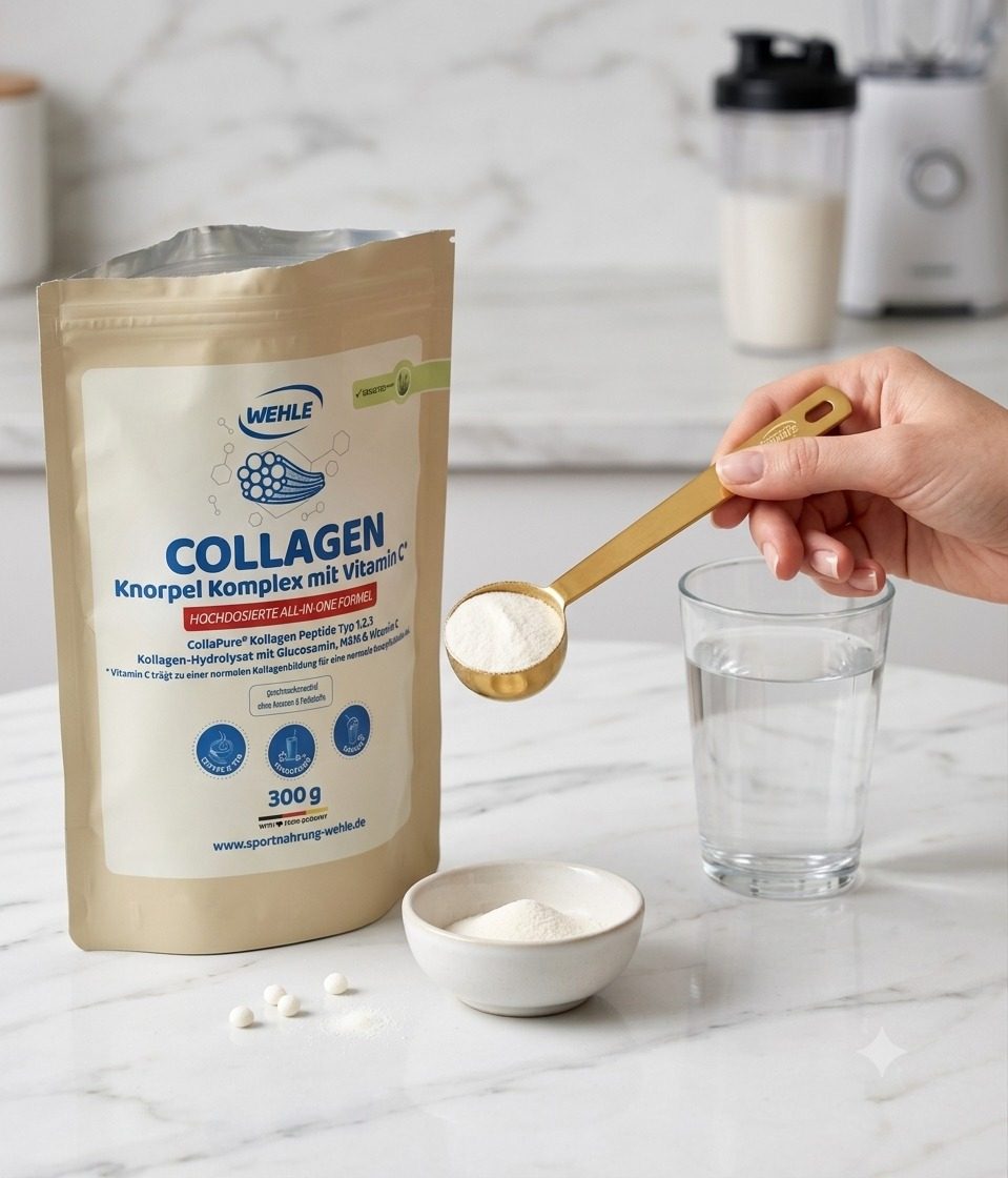 Collagen Knorpel Komplex mit goldenem Löffel, Shaker und Mixer