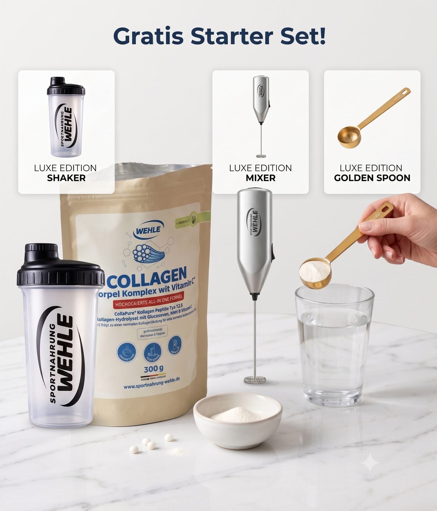 Gratis Starter Set: Collagen Knorpel Komplex mit Shaker, Mixer und goldenem Löffel