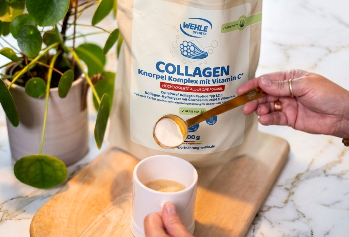 A prepared serving of Knorpel Komplex beside a warm drink on a kitchen worktop.