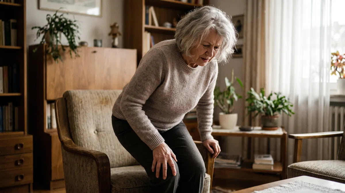 An older woman rising from a low armchair in her living room