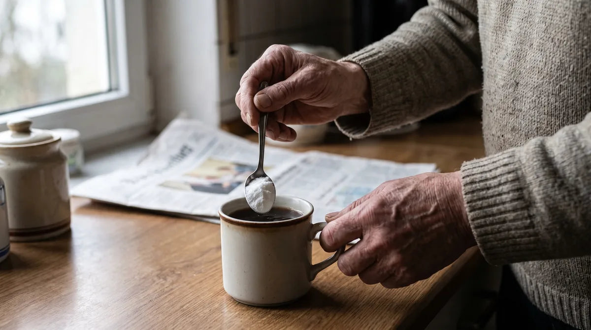 An older man stirring a prepared serving into a mug at his breakfast table