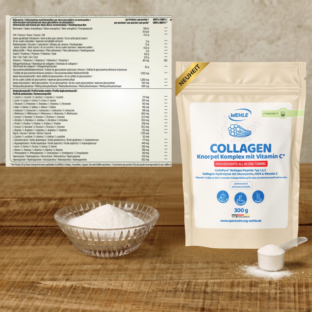 A Knorpel Komplex pouch beside a bowl of the loose collagen powder